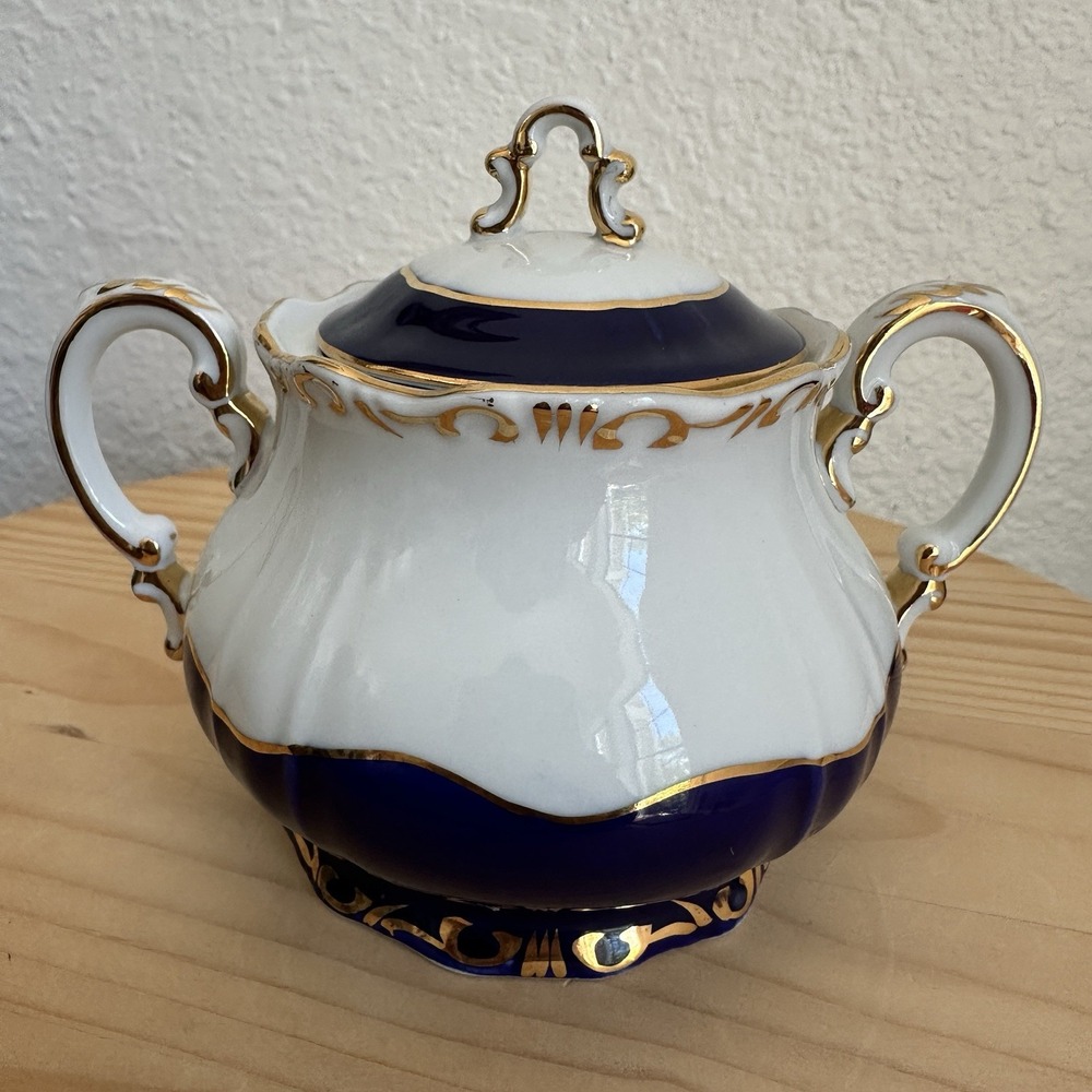 Zsolnay Hungary Pompadour III Demitasse Sugar Bowl 4.25 Inch Blue 18kt Gilded